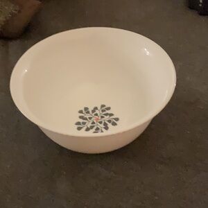 Ikea bowl White Milk Glass, beaded rim, black central floral 6''X2.6''